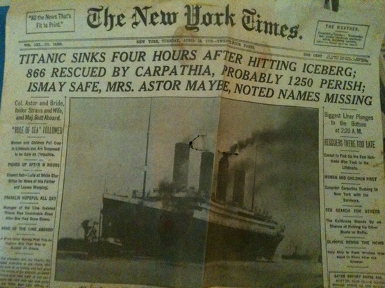 Photo:  original NY Times front page reporting the sinking of the Titanic